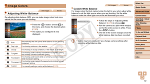 Page 72Before Use
Basic Guide
Advanced Guide
Camera Basics
Auto Mode / Hybrid 
Auto Mode
Other Shooting 
Modes
P Mode
Tv, Av, and M Mode
Playback Mode
Wi-Fi Functions
Setting Menu
Accessories
Appendix
Index
72
Before Use
Basic Guide
Advanced Guide
Camera Basics
Auto Mode / Hybrid 
Auto Mode
Other Shooting 
Modes
P Mode
Tv, Av, and M Mode
Playback Mode
Wi-Fi Functions
Setting Menu
Accessories
Appendix
Index
Image Colors
Still ImagesMovies
Adjusting White Balance
By adjusting white balance (WB), you can make...