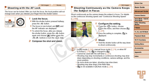 Page 79Before Use
Basic Guide
Advanced Guide
Camera Basics
Auto Mode / Hybrid 
Auto Mode
Other Shooting 
Modes
P Mode
Tv, Av, and M Mode
Playback Mode
Wi-Fi Functions
Setting Menu
Accessories
Appendix
Index
79
Before Use
Basic Guide
Advanced Guide
Camera Basics
Auto Mode / Hybrid 
Auto Mode
Other Shooting 
Modes
P Mode
Tv, Av, and M Mode
Playback Mode
Wi-Fi Functions
Setting Menu
Accessories
Appendix
Index
Still ImagesMovies
Shooting with the AF Lock
The focus can be locked. After you lock the focus, the focal...