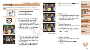 Page 89Before Use
Basic Guide
Advanced Guide
Camera Basics
Auto Mode / Hybrid 
Auto Mode
Other Shooting 
Modes
P Mode
Tv, Av, and M Mode
Playback Mode
Wi-Fi Functions
Setting Menu
Accessories
Appendix
Index
89
Before Use
Basic Guide
Advanced Guide
Camera Basics
Auto Mode / Hybrid 
Auto Mode
Other Shooting 
Modes
P Mode
Tv, Av, and M Mode
Playback Mode
Wi-Fi Functions
Setting Menu
Accessories
Appendix
Index
Still ImagesMovies
Viewing
After shooting images or movies, you can view them on the screen as 
follows.
1...