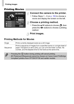 Page 158Printing Images
158
Printing Movies
Connect the camera to the printer.
zFollow Steps 1 – 6 on p. 152 to choose a 
movie and display the screen on the left.
Choose a printing method.
zPress the op buttons to choose  , then 
press the qr buttons to choose a printing 
method.
Print images.
Printing Methods for Movies
Single Prints currently displayed scene as a still image.
SequencePrints a sequence of images from a specified scene on a single sheet of 
paper. If [Caption] is set to [On], you can print the...