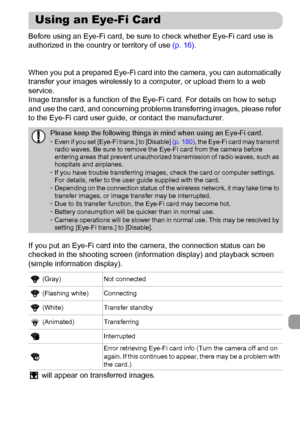 Page 179179
Before using an Eye-Fi card, be sure to check whether Eye-Fi card use is 
authorized in the country or territory of use (p. 16).
When you put a prepared Eye-Fi card into the camera, you can automatically 
transfer your images wirelessly to a computer, or upload them to a web 
service.
Image transfer is a function of the Eye-Fi card. For details on how to setup 
and use the card, and concerning problems transferring images, please refer 
to the Eye-Fi card user guide, or contact the manufacturer.
If...