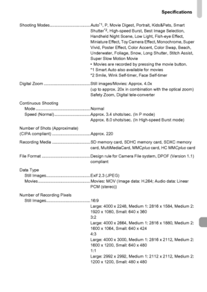 Page 203
Specifications
203
Shooting Modes................................... Auto*1, P, Movie Digest, Portrait, Kids&Pets, Smart 
Shutter*2, High-speed Burst, Best Image Selection, 
Handheld Night Scene, Low Light, Fish-eye Effect, 
Miniature Effect, Toy Camera Effect, Monochrome, Super 
Vivid, Poster Effect, Color Accent, Color Swap, Beach, 
Underwater, Foliage, Snow, Long Shutter, Stitch Assist, 
Super Slow Motion Movie
• Movies are recorded by pressing the movie button.
*1 Smart Auto also available for...