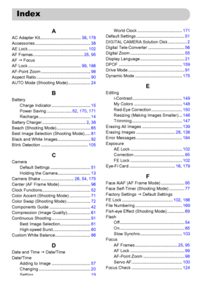 Page 206206
AAC Adapter Kit...................................38, 178
Accessories ...............................................38
AE Lock ...................................................102
AF Frames...........................................25, 95
AF J Focus
AF Lock .............................................99, 186
AF-Point Zoom ..........................................98
Aspect Ratio ..............................................90
AUTO Mode (Shooting Mode) ...................24
BBattery
Charge...
