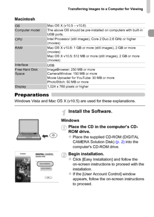 Page 33Transferring Images to a Computer for Viewing
33
Macintosh
Preparations
Windows Vista and Mac OS X (v10.5) are used for these explanations.
Install the Software.
Windows
Place the CD in the computer’s CD-
ROM drive.
zPlace the supplied CD-ROM (DIGITAL 
CAMERA Solution Disk) (p. 2) into the 
computer’s CD-ROM drive.
Begin installation.
zClick [Easy Installation] and follow the 
on-screen instructions to proceed with the 
installation.
zIf the [User Account Control] window 
appears, follow the on-screen...