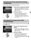 Page 6161
You can choose from 4 recording pixel settings.
Choose the recording pixel setting.
zAfter pressing the m button, press the 
op buttons to choose  , then press the 
m button again.
Choose an option.
zPress the op buttons to choose an 
option, then press the m button.
XThe setting will appear on the screen.zTo restore to the original setting, choose 
 in Steps 1 – 2.
You can choose from the following 2 compression ratios (image quality):   
(Fine),  (Normal).
Choose the compression ratio 
setting....