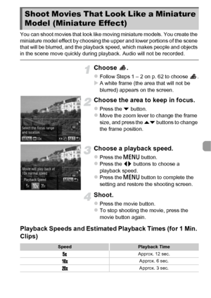 Page 105105
You can shoot movies that look like moving miniature models. You create the 
miniature model effect by choosing the upper and lower portions of the scene 
that will be blurred, and the playback speed, which makes people and objects 
in the scene move quickly during playback. Audio will not be recorded.
Choose .
zFollow Steps 1 – 2 on p. 62 to choose  .XA white frame (the area that will not be 
blurred) appears on the screen.
Choose the area to keep in focus.
zPress the p button.zMove the zoom lever...