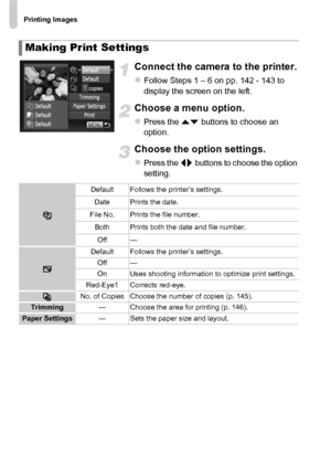 Page 144Printing Images
144
Connect the camera to the printer.
zFollow Steps 1 – 6 on pp. 142 - 143 to 
display the screen on the left.
Choose a menu option.
zPress the op buttons to choose an 
option.
Choose the option settings.
zPress the qr  buttons to choose the option 
setting.
Making Print Settings
Default Follows the printer’s settings.
Date Prints the date.
File No. Prints the file number. Both Prints both the date and file number.Off —
Default Follows the printer’s settings. Off —
On Uses shooting...