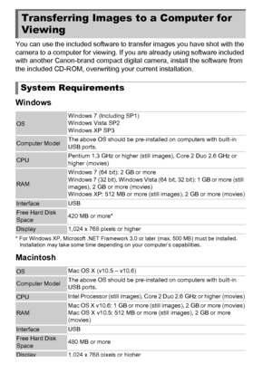 Page 3434
You can use the included software to transfer images you have shot with the 
camera to a computer for viewing. If you are already using software included 
with another Canon-brand compact digital camera, install the software from 
the included CD-ROM, overwriting your current installation.
Windows
* For Windows XP, Microsoft .NET Framework 3.0 or later (max. 500 MB) must be installed. Installation may take some time dep ending on your computer’s capabilities.
Macintosh
Transferring Images to a...