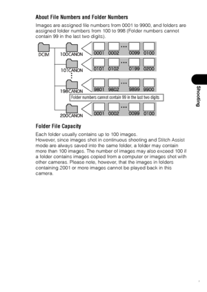 Page 103101
Shooting
About File Numbers and Folder Numbers
Images are assigned file numbers from 0001 to 9900, and folders are 
assigned folder numbers from 100 to 998 (Folder numbers cannot 
contain 99 in the last two digits).
Folder File Capacity
Each folder usually contains up to 100 images.
However, since images shot in continuous shooting and Stitch Assist 
mode are always saved into the same folder, a folder may contain 
more than 100 images. The number of images may also exceed 100 if 
a folder contains...