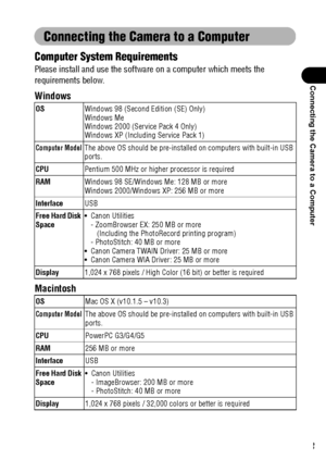 Page 135133
Connecting the Camera to a Computer
Connecting the Camera to a Computer
Computer System Requirements
Please install and use the software on a computer which meets the 
requirements below.
Windows
Macintosh
OSWindows 98 (Second Edition (SE) Only)
Windows Me
Windows 2000 (Service Pack 4 Only)
Windows XP (Including Service Pack 1)
Computer ModelThe above OS should be pre-installed on computers with built-in USB 
ports.
CPUPentium 500 MHz or higher processor is required
RAMWindows 98 SE/Windows Me: 128...