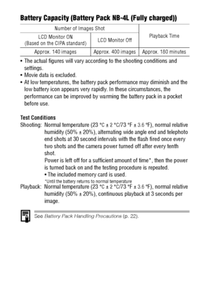 Page 164162Battery Capacity (Battery Pack NB-4L (Fully charged))
 The actual figures will vary according to the shooting conditions and 
settings.
 Movie data is excluded.
 At low temperatures, the battery pack performance may diminish and the 
low battery icon appears very rapidly. In these circumstances, the 
performance can be improved by warming the battery pack in a pocket 
before use.
Test Conditions
Shooting: Normal temperature (23 
°C ± 2 °C/73 °F ± 3.6 °F), normal relative 
humidity (50%
 ± 20%),...