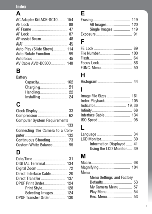 Page 169167
Index
A
AC Adapter Kit ACK-DC10 .......  154
AE Lock .....................................  88
AF Frame ...................................  47
AF Lock .....................................  87
AF-assist Beam..........................  48
AiAF ...........................................  45
Auto Play (Slide Show)............  114
Auto Rotate Function .................  99
Autofocus ..................................  45
AV Cable AVC-DC300 ..............  140
B
Battery...