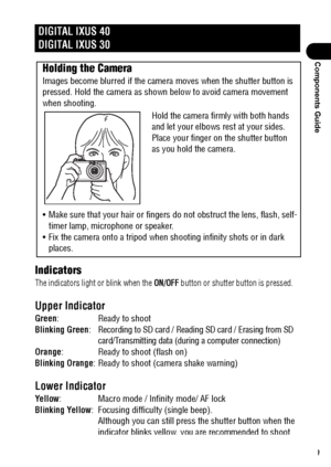 Page 2119
Components Guide
Indicators
The indicators light or blink when the ON/OFF button or shutter button is pressed.
Upper Indicator
Green: Ready to shoot
Blinking Green:
Recording to SD card / Reading SD card / Erasing from SD 
card/Transmitting data (during a computer connection)
Orange: Ready to shoot (flash on)
Blinking Orange: Ready to shoot (camera shake warning)
Lower Indicator
Yellow: Macro mode / Infinity mode/ AF lock
Blinking Yellow: Focusing difficulty (single beep). 
Although you can still...