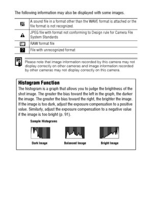 Page 4644
The following information may also be displayed with some images.
Please note that image information recorded by this camera may not 
display correctly on other cameras and image information recorded 
by other cameras may not display correctly on this camera.
A sound file in a format other than the WAVE format is attached or the 
file format is not recognized.
JPEG file with format not conforming to Design rule for Camera File 
System Standards
RAW format file
File with unrecognized format
Histogram...