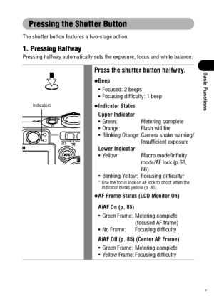 Page 4947
Basic Functions
Pressing the Shutter Button
The shutter button features a two-stage action. 
1. Pressing Halfway
Pressing halfway automatically sets the exposure, focus and white balance.
Press the shutter button halfway.
zBeep
 Focused: 2 beeps
 Focusing difficulty: 1 beep
zIndicator Status
Upper Indicator
 Green: Metering complete 
 Orange: Flash will fire
 Blinking Orange: Camera shake warning/
Insufficient exposure
Lower Indicator
 Yellow: Macro mode/Infinity 
mode/AF lock (p.68, 
86)
...