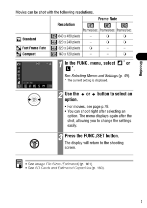 Page 6563
Shooting
Movies can be shot with the following resolutions.
See Image File Sizes (Estimated) (p. 161).
See SD Cards and Estimated Capacities (p. 160).
ResolutionFrame Rate
frames/sec. frames/sec. frames/sec.
 Standard 640 x 480 pixels–
 320 x 240 pixels–
 Fast Frame Rate 320 x 240 pixels––
 Compact
 160 x 120 pixels––
1In the FUNC. menu, select * or *.
See Selecting Menus and Settings (p. 49).* The current setting is displayed.
2Use the   or   button to select an 
option.
 For movies, see page...