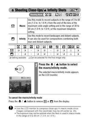 Page 7068
 Shooting Close-Ups/  Infinity Shots    
  
To cancel the macro/infinity mode
Press the
  /  button to remove   or  from the display.
 Use the LCD monitor to compose close-ups in macro mode since 
images composed with the viewfinder may be off-center (p. 45).
 The exposure may not be optimal when the flash is used in macro mode 
in the range of 3 to 30 cm  (1.2 in. to 1.0 ft.).
Macro
Use this mode to record subjects in the range of 3 to 50 
cm (1.2 in. to 1.6 ft.) from the end of the lens at the...