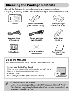 Page 2
2
Check if the following items are included in your camera package.
If anything is missing, contact the retailer where you purchased the camera.
Using the ManualsAlso refer to the manuals on the DIGITAL CAMERA Manuals Disk.
•Camera User Guide (This Guide)
Once you have mastered the basics, use the camera’s many 
features to shoot more challenging photos.
• Software Guide
Read when you want to use the included software.
•A memory card is not included.
• Adobe Reader is required to view the PDF manuals....