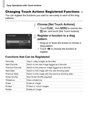 Page 132
Easy Operations with Touch Actions
132
Changing Touch Actions Registered Functions
You can register the functions you want to use easily to each of the drag 
patterns.
Choose [Set Touch Actions].
zTouch ø, then n  to choose the 
1  tab, and touch [Set Touch Actions].
Register a function to a drag 
pattern.
zDrag up or down the screen to choose a 
drag pattern.
zTouch  qr to choose the function to 
register.
Functions that Can be Registered
Favorites Tag or untag images as favorites.
Next Favorite Switch...