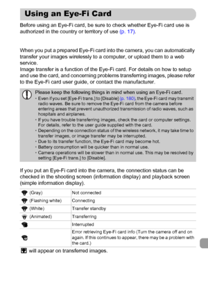 Page 179
179
Before using an Eye-Fi card, be sure to check whether Eye-Fi card use is 
authorized in the country or territory of use (p. 17).
When you put a prepared Eye-Fi card into the camera, you can automatically 
transfer your images wirelessly to a computer, or upload them to a web 
service.
Image transfer is a function of the Eye-Fi card. For details on how to setup 
and use the card, and concerning problems transferring images, please refer 
to the Eye-Fi card user guide, or contact the manufacturer.
If...