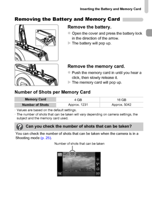 Page 19
Inserting the Battery and Memory Card
19
Removing the Battery and Memory Card
Remove the battery.
zOpen the cover and press the battery lock 
in the direction of the arrow.
XThe battery will pop up.
Remove the memory card.
zPush the memory card in until you hear a 
click, then slowly release it.
XThe memory card will pop up.
Number of Shots per Memory Card
•Values are based on the default settings.
• The number of shots that can be taken will vary depending on camera settings, the 
subject and the...