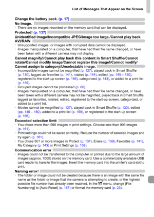 Page 185
List of Messages That Appear on the Screen
185
Change the battery pack. (p. 17)
No Image.
• There are no images recorded on the memory card that can be displayed.Protected!  (p. 137)
Unidentified Image/Incompatible J PEG/Image too large./Cannot play back 
AVI/RAW 
• Unsupported images, or images with corrupted data cannot be displayed.
• Images manipulated on a computer, that have had their file name changed, or have 
been taken with a different camera may not display.
Cannot magnify!/Cannot play back...