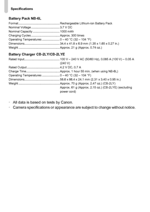 Page 204
Specifications
204
Battery Pack NB-6LFormat ................................................. Rechargeable Lithium-ion Battery Pack
Nominal Voltage .................................. 3.7 V DC
Nominal Capacity ................................ 1000 mAh
Charging Cycles .................................. Approx. 300 times
Operating Temperatures ..................... 0 – 40 °C (32 – 104 °F)
Dimensions.......................................... 34.4 x 41.8 x 6.9 mm (1.35 x 1.65 x 0.27 in.)
Weight...