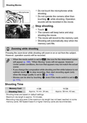 Page 32
Shooting Movies
32
zDo not touch the microphones while 
shooting.
zDo not operate the camera other than 
touching   while shooting. Operation 
sounds will be recorded in the movie.
Stop shooting.
zTouch .XThe camera will beep twice and stop 
shooting the movie.
XThe movie will record to the memory card.XShooting will automatically stop when the 
memory card fills.
Shooting Time
•Shooting times are based on default settings.
• Maximum clip length is approx. 10 minutes.
• Recording may stop even if the...