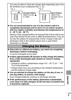 Page 107105
  Appendix
You may be able to check the charge state depending upon how 
the terminal cover is attached (Fig. C, D).
zYou are recommended to use it in the camera until it is 
completely discharged and to store it in an indoor location 
with low relative humidity and between the temperatures of 
0 – 30 °C (32 – 86 °F).
Storing a fully charged battery for long periods of time (about one 
year) may shorten its life cycle or affect its performance. If you do 
not use the battery for long periods of time,...