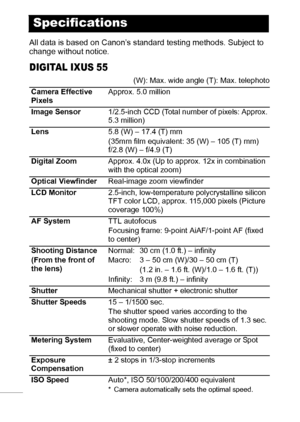 Page 114112
All data is based on Canon’s standard testing methods. Subject to 
change without notice.
DIGITAL IXUS 55
Specifications
(W): Max. wide angle (T): Max. telephoto
Camera Effective 
PixelsApprox. 5.0 million
Image Sensor1/2.5-inch CCD (Total number of pixels: Approx. 
5.3 million)
Lens5.8 (W) – 17.4 (T) mm
(35mm film equivalent: 35 (W) – 105 (T) mm)
f/2.8 (W) – f/4.9 (T)
Digital ZoomApprox. 4.0x (Up to approx. 12x in combination 
with the optical zoom)
Optical ViewfinderReal-image zoom viewfinder
LCD...