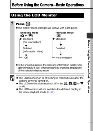 Page 1715
Before Using the Camera—Basic Operations
Before Using the Camera—Basic Operations
zThe LCD monitor on or off setting is retained even after the 
camera power is turned off.
zThe LCD monitor does not shut off in the  ,  ,   or   
mode. 
zThe LCD monitor will not switch to the detailed display in 
the index playback mode (p. 69).
Using the LCD Monitor
1Press .
zThe display mode changes as follows with each press.
zIn the shooting modes, the shooting information displays for 
approximately 6 sec. when a...