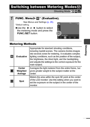 Page 5149
ShootingMetering Methods
Switching between Metering Modes
Shooting Mode 
1FUNC. Menu * (Evaluative).
See Menus and Settings (p. 26).*Default setting.
zUse the   or   button to select 
the metering mode and press the 
FUNC./SET button. 
Evaluative
Appropriate for standard shooting conditions, 
including backlit scenes. The camera divides images 
into several zones for metering. It evaluates complex 
lighting conditions, such as the position of the subject, 
the brightness, the direct light, and the...