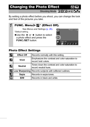 Page 5856
By setting a photo effect before you shoot, you can change the look 
and feel of the pictures you take.
Photo Effect Settings
Changing the Photo Effect
Shooting Mode 
1FUNC. Menu * (Effect Off).
See Menus and Settings (p. 26).* Default setting.
zUse the   or   button to select 
a photo effect and press the 
FUNC./SET button. 
Effect OffRecords normally with this setting.
VividEmphasizes the contrast and color saturation to 
record bold colors.
NeutralTones down the contrast and color saturation to...