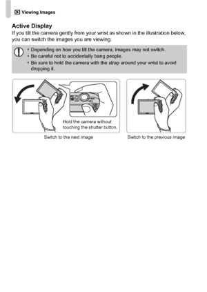 Page 281 Viewing Images
28
Active DisplayIf you tilt the camera gently from your wrist as shown in the illustration below, 
you can switch the images you are viewing.
•Depending on how you tilt the camera, images may not switch.
•Be careful not to accidentally bang people.
•Be sure to hold the camera with the strap around your wrist to avoid 
dropping it.
Switch to the next imageHold the camera without 
touching the shutter button.
Switch to the previous image
 