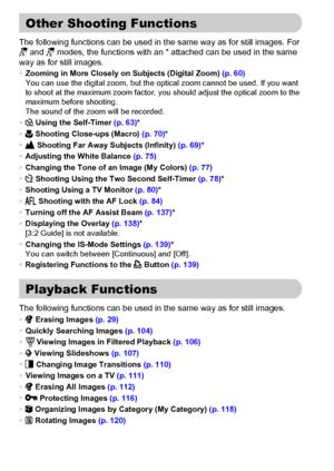 Page 100100
The following functions can be used in the same way as for still images. For 
> and z modes, the functions with an * attached can be used in the same 
way as for still images.
•Zooming in More Closely on Subjects (Digital Zoom) (p. 60)
You can use the digital zoom, but the optical zoom cannot be used. If you want 
to shoot at the maximum zoom factor, you should adjust the optical zoom to the 
maximum before shooting.
The sound of the zoom will be recorded.
•Ò Using the Self-Timer (p. 63)*
•e Shooting...