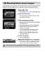 Page 9696
Large subjects can be split into several shots that can later be merged together 
using the included software on a computer to create a panoramic image.
Select x or v.
●Follow Step 2 on p. 56 to select x or v.
Take the first shot.
XThe exposure and white balance will be 
set with the first shot.
Take subsequent shots.
●Overlap part of the first shot when taking 
the second shot.
●Minor discrepancies in the overlapping 
portions will be corrected when the 
images are merged.
●You can repeat the...