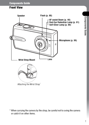 Page 1513
Components Guide
Components Guide
Front View 
* When carrying the camera by the strap, be careful not to swing the camera 
or catch it on other items.
AF-assist Beam (p. 44)
Red-Eye Reduction Lamp (p. 61)
Self-timer Lamp (p. 68) Flash (p. 60)
Lens
Microphone (p. 99)
Wrist Strap Mount
Attaching the Wrist Strap
*
Speaker
 