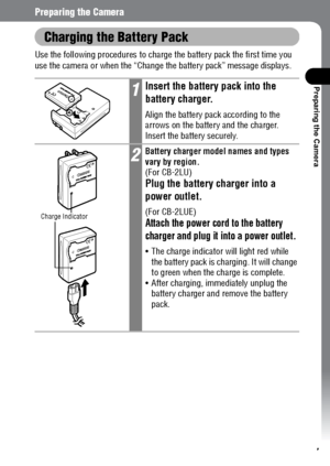 Page 1917
Preparing the Camera
Preparing the Camera
Charging the Battery Pack
Use the following procedures to charge the battery pack the first time you 
use the camera or when the “Change the battery pack” message displays. 
1Insert the battery pack into the 
battery charger.
Align the battery pack according to the 
arrows on the battery and the charger. 
Insert the battery securely.
2Battery charger model names and types 
vary by region.
(For CB-2LU)
Plug the battery charger into a 
power outlet.
(For...