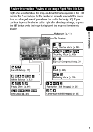 Page 4139
Basic Functions
Right after a shot is taken, the image and its information appears in the LCD 
monitor for 2 seconds (or for the number of seconds selected if the review 
time was changed) even if you release the shutter button (p. 56). If you 
continue to press the shutter button right after shooting an image, or press 
the SET button while the image is displayed, the image will continue to 
display.
Review Information (Review of an Image Right After It Is Shot)
Long Shutter Mode (p. 80)Histogram (p....
