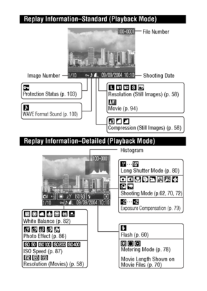 Page 4240
Replay Information–Standard (Playback Mode)
Protection Status (p. 103)
Compression (Still Images) 
(p. 58) Resolution (Still Images) (p. 58)
Movie (p. 94)
WAVE Format Sound (p. 100)
Long Shutter Mode (p. 80)
Shooting Mode (p.62, 70, 72)
Exposure Compensation (p. 79)
White Balance (p. 82)
Photo Effect (p. 86)
ISO Speed (p. 87)
Resolution (Movies) (p. 58)Flash (p. 60)
Metering Mode (p. 78)
Movie Length Shown on 
Movie Files (p. 70)File Number
Shooting Date Image Number
Replay Information–Detailed...