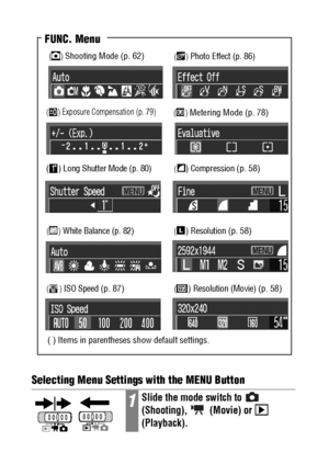 Page 4846Selecting Menu Settings with the MENU Button
1Slide the mode switch to   
(Shooting),  (Movie) or  
(Playback).
() Resolution (Movie) (p. 58)
FUNC. Menu
() ISO Speed (p. 87)
() Photo Effect (p. 86)
() Compression (p. 58)
() Resolution (p. 58)
() Exposure Compensation (p. 79)
( ) Long Shutter Mode (p. 80)
() White Balance (p. 82)
( ) Items in parentheses show default settings. 
() Metering Mode (p. 78)
() Shooting Mode (p. 62)
 