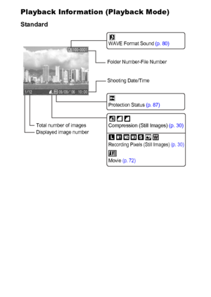 Page 1816
Playback Information (Playback Mode)
Standard
Protection Status (p. 87) WAVE Format Sound (p. 80)
Folder Number-File Number
Shooting Date/Time
Displayed image number Total number of images
Movie 
(p. 72)
Compression (Still Images) (p. 30)
Recording Pixels (Still Images) (p. 30)
 