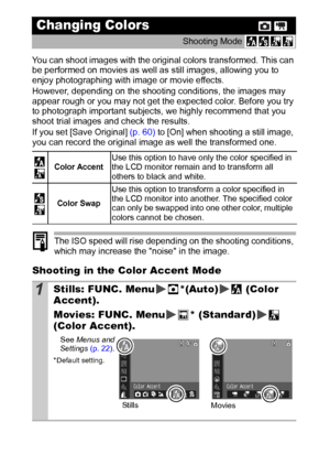 Page 5856
You can shoot images with the original colors transformed. This can 
be performed on movies as well as still images, allowing you to 
enjoy photographing with image or movie effects.
However, depending on the shooting conditions, the images may 
appear rough or you may not get the expected color. Before you try 
to photograph important subjects, we highly recommend that you 
shoot trial images and check the results.
If you set [Save Original] (p. 60) to [On] when shooting a still image, 
you can...