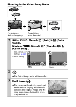 Page 6058Shooting in the Color Swap Mode
1Stills: FUNC. Menu *(Auto)  (Color 
Swap).
Movies: FUNC. Menu * (Standard)  
(Color Swap).
See Menus and
Settings (p. 22).
* Default setting.
2.
zThe Color Swap mode will take effect.
3Hold down  .
zThe camera will switch to color input 
mode and the display will alternate 
between the original image and the 
color swap image (using the previ-
ously set color).
Original Color
(Before Swapping)Desired Color
(After Swapping)
Stills
Movies
 