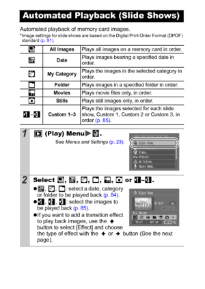 Page 8482
Automated playback of memory card images.*Image settings for slide shows are based on the Digital Print Order Format (DPOF) 
standard (p. 91). 
Automated Playback (Slide Shows)
All ImagesPlays all images on a memory card in order.
DatePlays images bearing a specified date in 
order.
My CategoryPlays the images in the selected category in 
order.
FolderPlays images in a specified folder in order.
MoviesPlays movie files only, in order.
StillsPlays still images only, in order.
–
Custom 1–3Plays the...