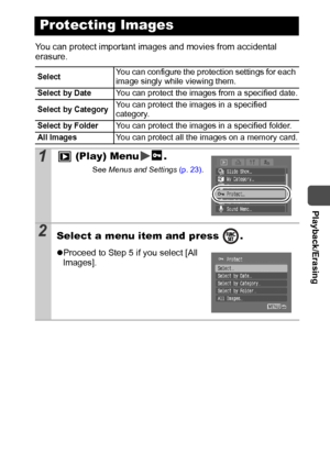 Page 89  Playback/Erasing
87
You can protect important images and movies from accidental 
erasure.
Protecting Images
SelectYou can configure the protection settings for each 
image singly while viewing them.
Select by DateYou can protect the images from a specified date.
Select by CategoryYou can protect the images in a specified 
category.
Select by FolderYou can protect the images in a specified folder.
All ImagesYou can protect all the images on a memory card.
1 (Play) Menu .
See Menus and Settings (p. 23)....