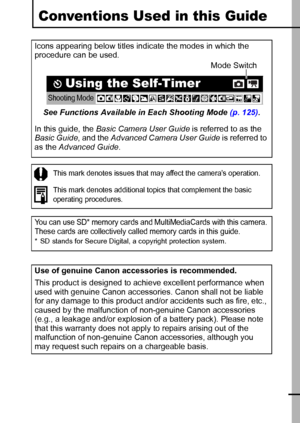 Page 31
Conventions Used in this Guide
Icons appearing below titles indicate the modes in which the 
procedure can be used.
In this guide, the Basic Camera User Guide is referred to as the 
Basic Guide, and the Advanced Camera User Guide is referred to 
as the Advanced Guide. 
This mark denotes issues that may affect the camera’s operation.
This mark denotes additional topics that complement the basic 
operating procedures.
You can use SD* memory cards and MultiMediaCards with this camera. 
These cards are...