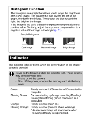 Page 2624
The indicator lights or blinks when the power button or the shutter 
button is pressed.
Green: Ready to shoot /LCD monitor off/Connected to 
computer
Blinking Green: Camera starting up/Image recording/Reading/
Erasing/Transferring (When connected to a 
computer)
Orange: Ready to shoot (flash on)
Blinking Orange: Ready to shoot (camera shake warning)
* An electronic beep will sound once when 
focusing difficulty is experienced.
Histogram Function
The histogram is a graph that allows you to judge the...