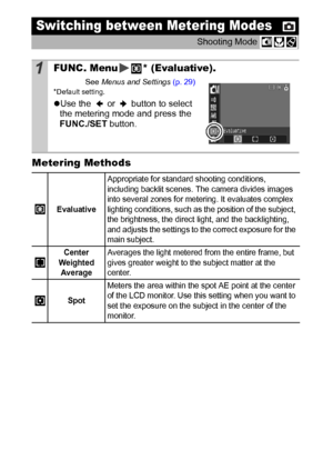 Page 5250
Metering Methods
Switching between Metering Modes
Shooting Mode 
1FUNC. Menu * (Evaluative).
See Menus and Settings (p. 29)* Default setting.
zUse the   or   button to select 
the metering mode and press the 
FUNC./SET button. 
Evaluative
Appropriate for standard shooting conditions, 
including backlit scenes. The camera divides images 
into several zones for metering. It evaluates complex 
lighting conditions, such as the position of the subject, 
the brightness, the direct light, and the...