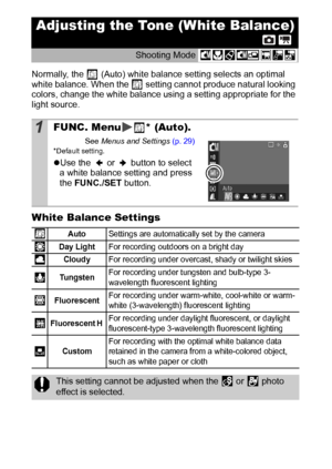 Page 5654
Normally, the   (Auto) white balance setting selects an optimal 
white balance. When the   setting cannot produce natural looking 
colors, change the white balance using a setting appropriate for the 
light source. 
White Balance Settings 
Adjusting the Tone (White Balance)
Shooting Mode 
1FUNC. Menu * (Auto).
See Menus and Settings (p. 29)* Default setting.
zUse the   or   button to select 
a white balance setting and press 
the FUNC./SET button.
Auto Settings are automatically set by the camera
Day...